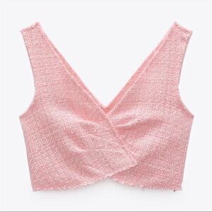Zara Pink Tweed Top Tank Crop Cropped Fringe S